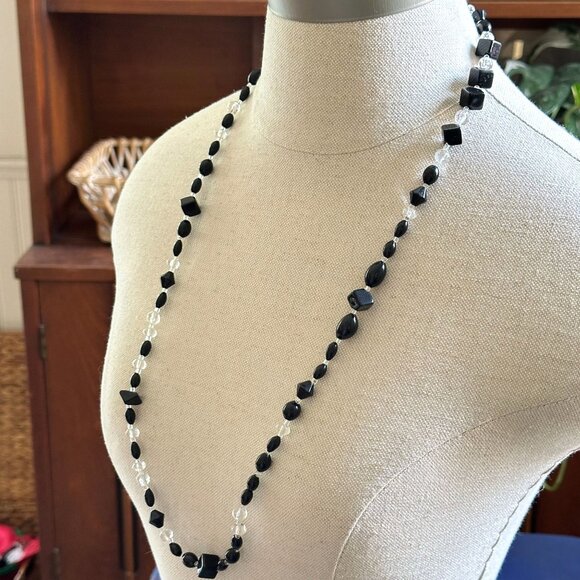 Long 32" Handmade Black & Clear Glass Bead Necklace with Geometric Shapes - Picture 7 of 7